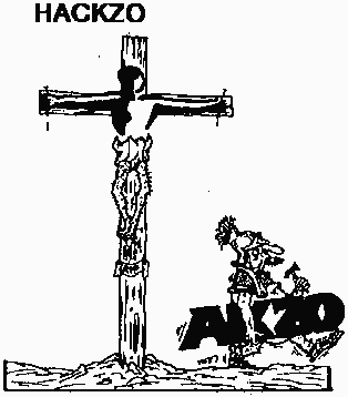 Het AKZO-logo mannetje aan een kruis genageld. Een legionair die wegloopt met het AKZO-logo onder z'n arm